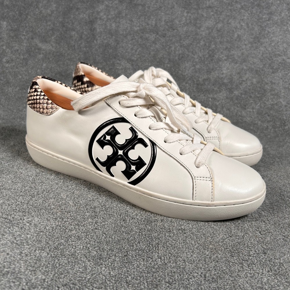 Tory Burch Howell Court White Leather Snakeskin Logo Sneakers 9.5M 8913 C20